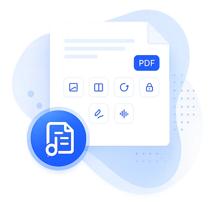 A document surrounded by PDF tools: convert, organize, rotate, protect, sign and listen